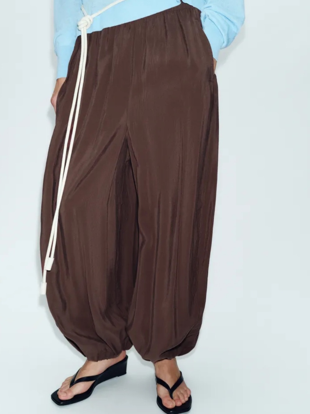 Zara Nylon Relaxed Balloon Leg Pants Brown Elastic Waist and Ankle